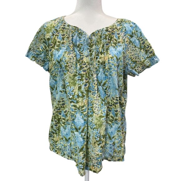 Talbots Tops - Talbots Floral Pintuck Cotton Blouse - Size M - Blue Green Yellow Print